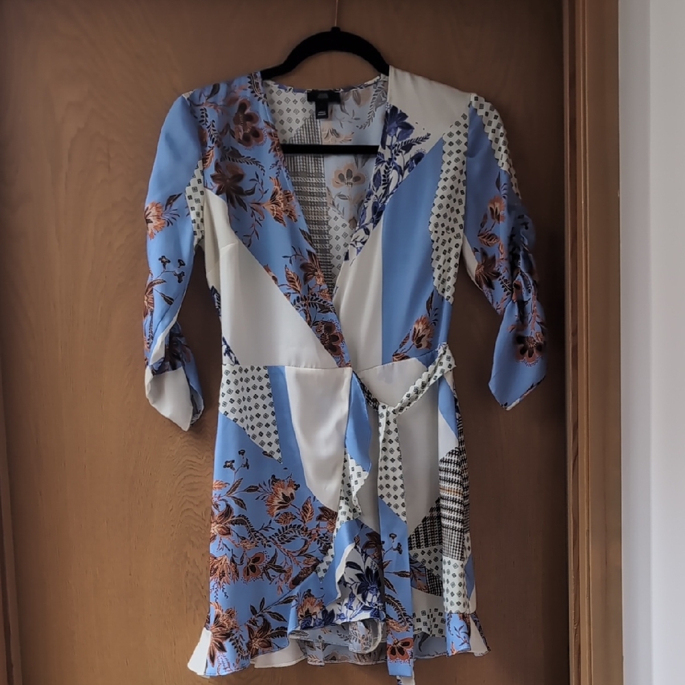 River Island Floral Wrap Blouse - Blue and White